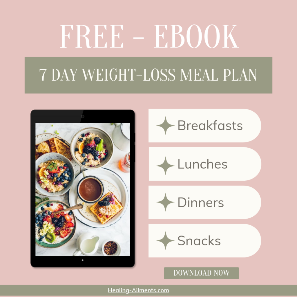 7 Day Weight-Loss Meal Plan Ebook for breakfast,  lunch, dinner, and snacks.