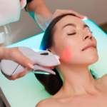 a woman getting light therapy treatment on face
