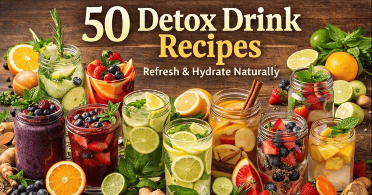 A display of 50 detox drinks in jars and glasses with fresh fruits, vegetables, and herbs, including smoothies, infused waters, and herbal teas, on a rustic wooden surface.