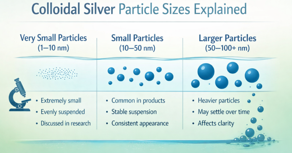 Colloidal silver particle size chart showing very small, small, and larger particles and how particle size affects suspension and appearance