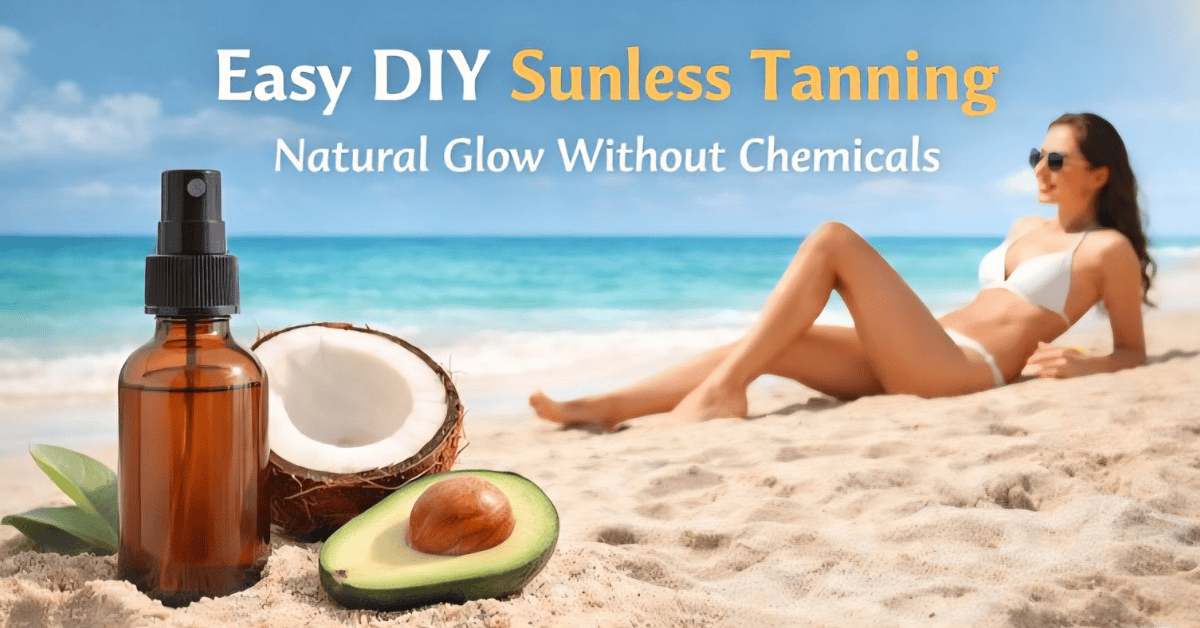 DIY sunless tanning spray made with natural ingredients like coconut oil and avocado on a beach background