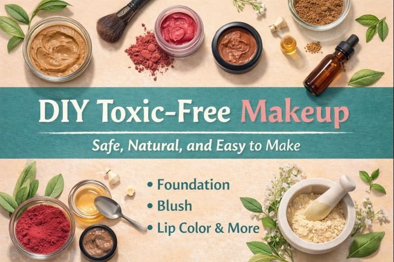 DIY Toxic-Free Makeup Guide with ingredients including cocoa powder, beetroot powder, arrowroot powder, coconut oil, and small jars with brushes arranged on a pastel background.