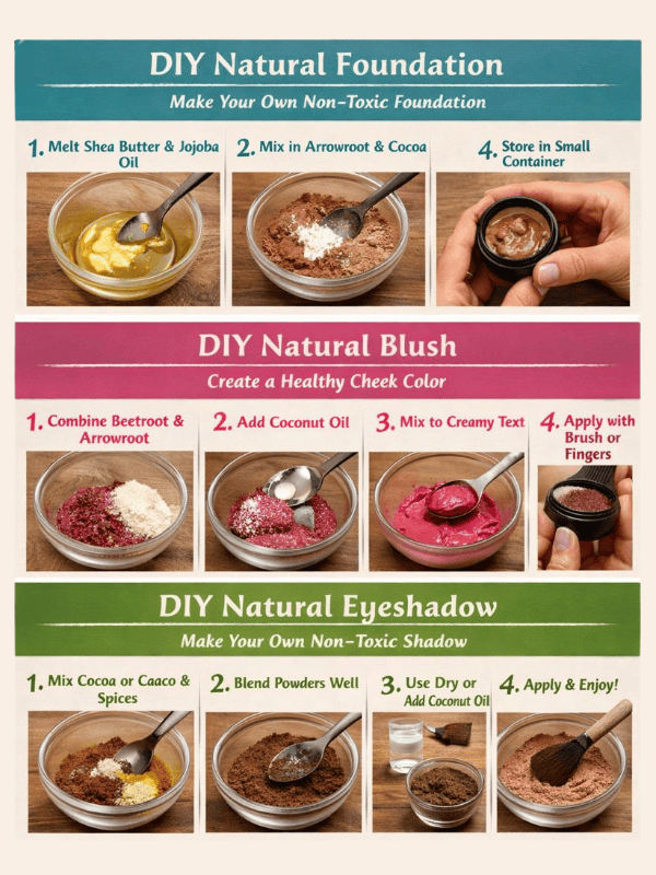 Step-by-step DIY toxic-free makeup recipes tutorial showing natural foundation, blush, and eyeshadow made with arrowroot powder, cocoa, beetroot, coconut oil, and essential oils in small containers.”