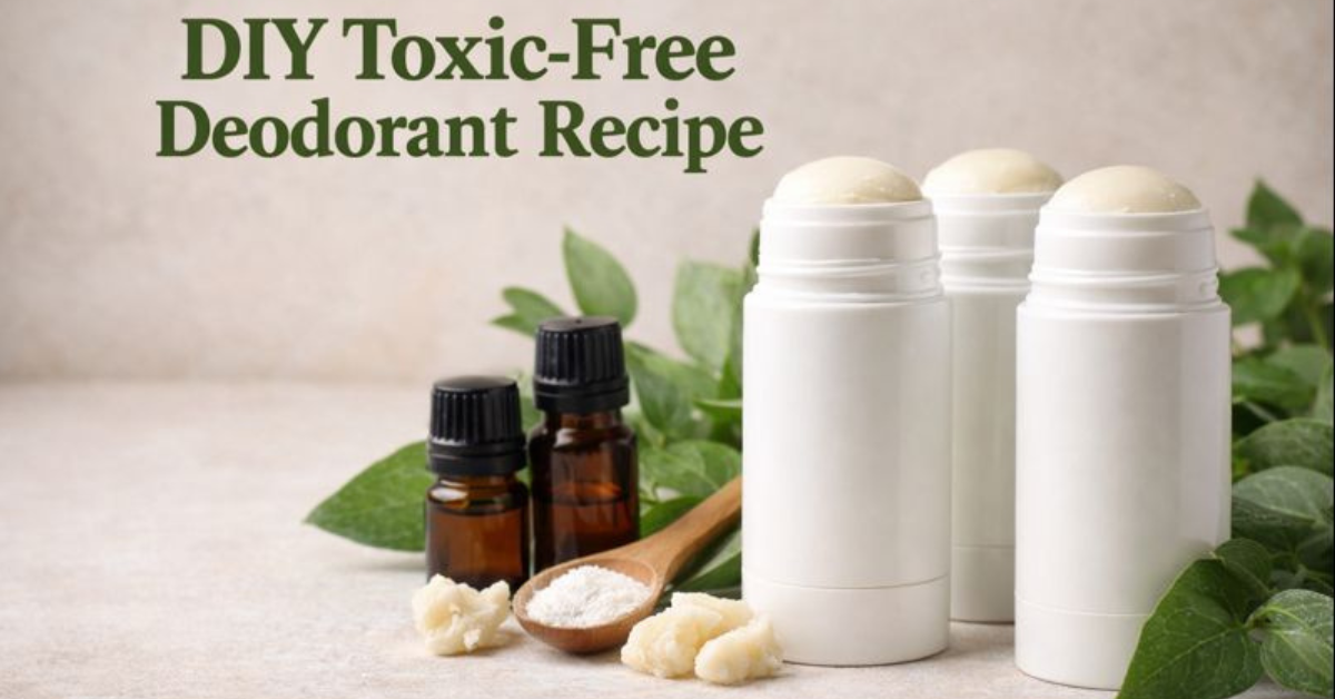 DIY Toxic-free Deodorant Recipe DIY Toxic-free deodorant sticks surrounded by shea butter, coconut oil, arrowroot powder, essential oils, and green leaves for a natural, toxic-free deodorant recipe