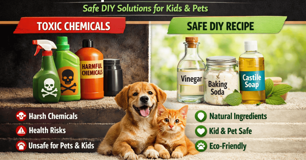 Non‑toxic carpet cleaner DIY safe for home illustration showing made with vinegar, baking soda, and Castile soap for kid and pet safety.