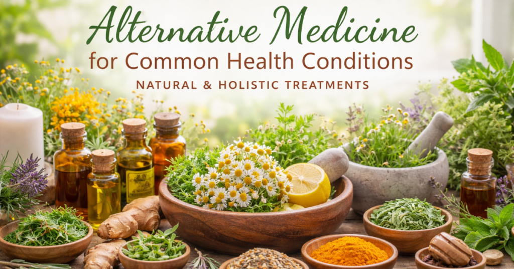 A natural, holistic display of herbs, spices, and remedies representing alternative medicine for common health conditions.