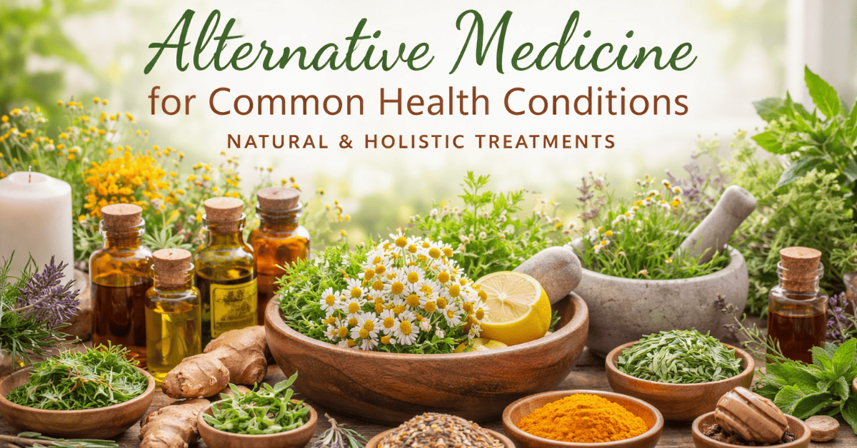 A natural, holistic display of herbs, spices, and remedies representing alternative medicine for common health conditions.