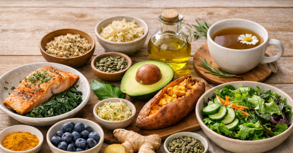 Anti-inflammatory foods for gut health and digestion Anti-inflammatory Foods for Gut Health displayed on a wooden table.