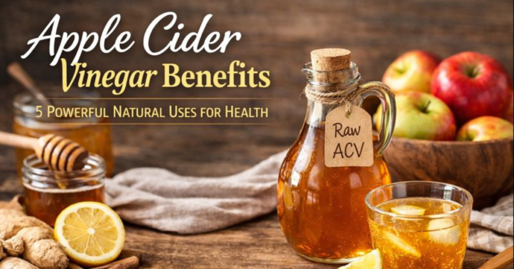 Apple cider vinegar benefits with raw ACV, lemon, honey, ginger, and turmeric for digestion, immunity, weight loss, and clear skin