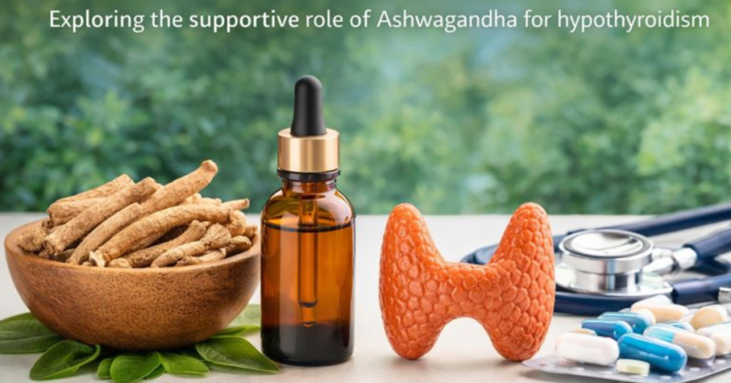 Ashwagandha Benefits Hypothyroidism Image with roots, extract bottle, and thyroid model