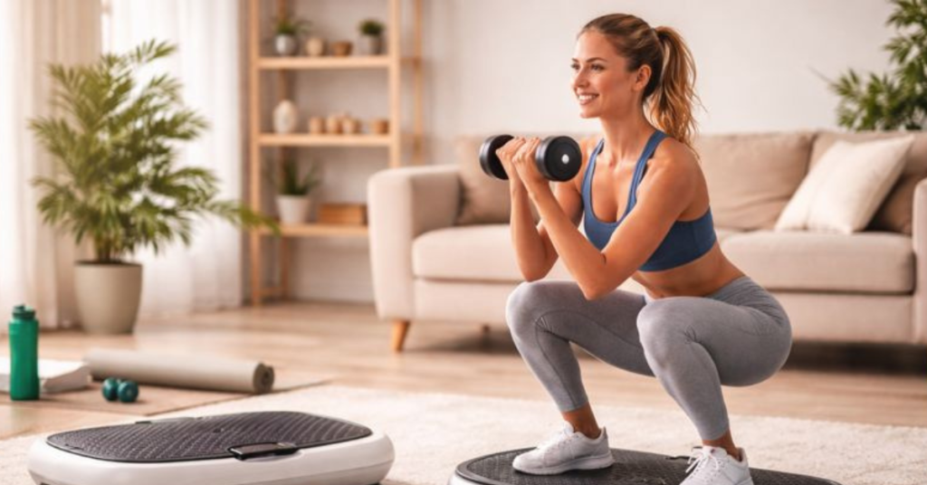 Woman demonstrating potential benefits of vibration plates
