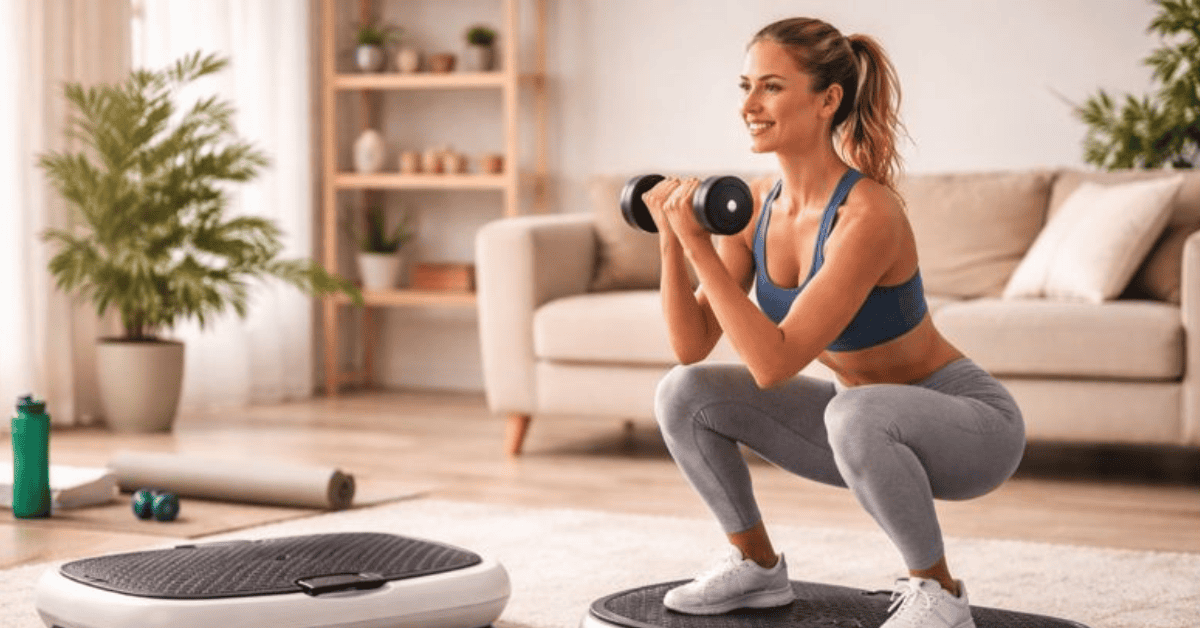 Woman demonstrating potential benefits of vibration plates