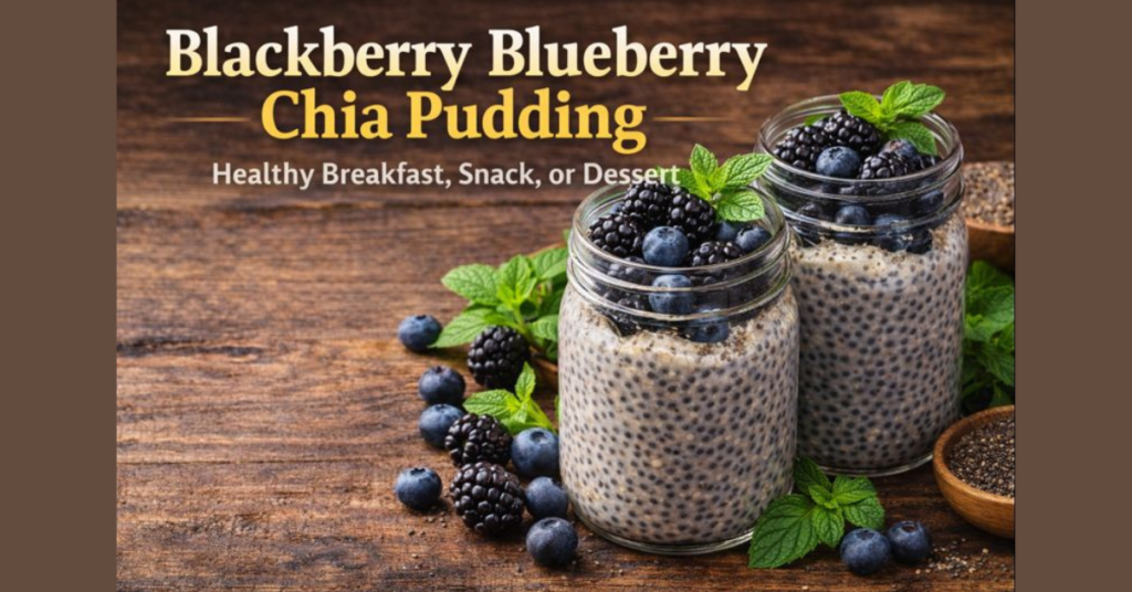 A pair of mason jars with blackberry blueberry chia pudding, topped with fresh blackberries, blueberries, and mint, placed on a rustic wooden table.
