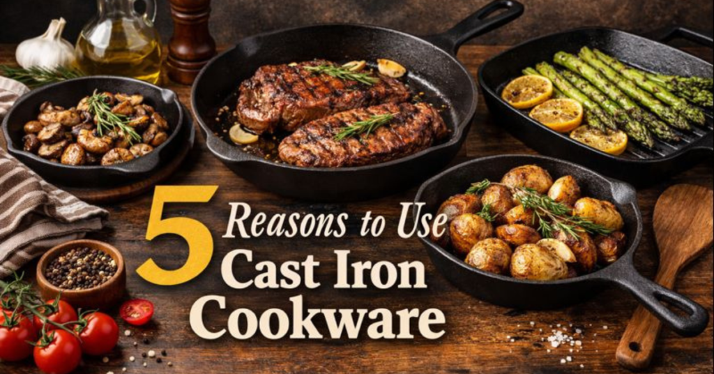 Cast iron cookware with cooked vegetables, showcasing the benefits of cast iron in a rustic kitchen setting.