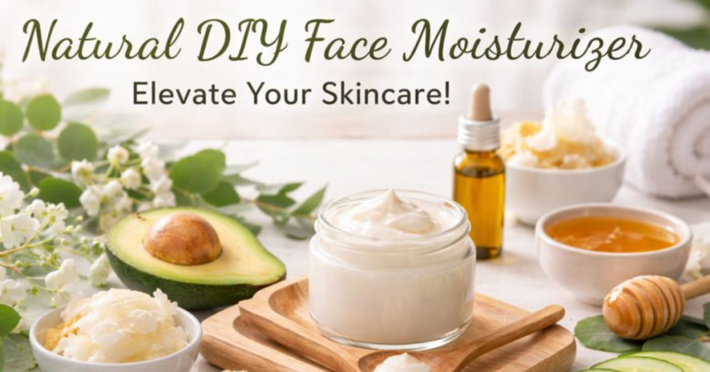 Natural DIY face moisturizer with avocado, oils, and honey displayed on a clean surface