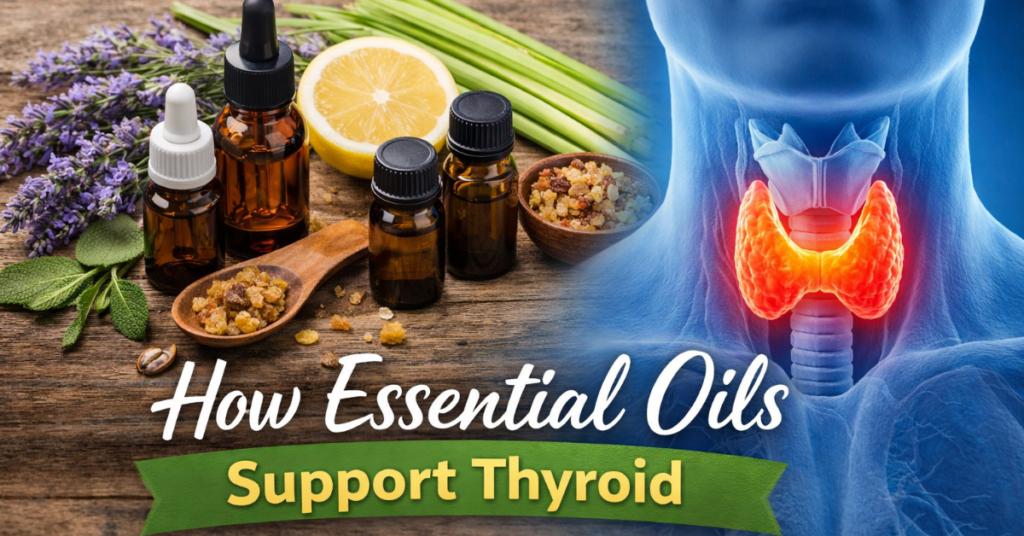 How essential oils support thyroid wellness with natural essential oil bottles and a highlighted thyroid gland