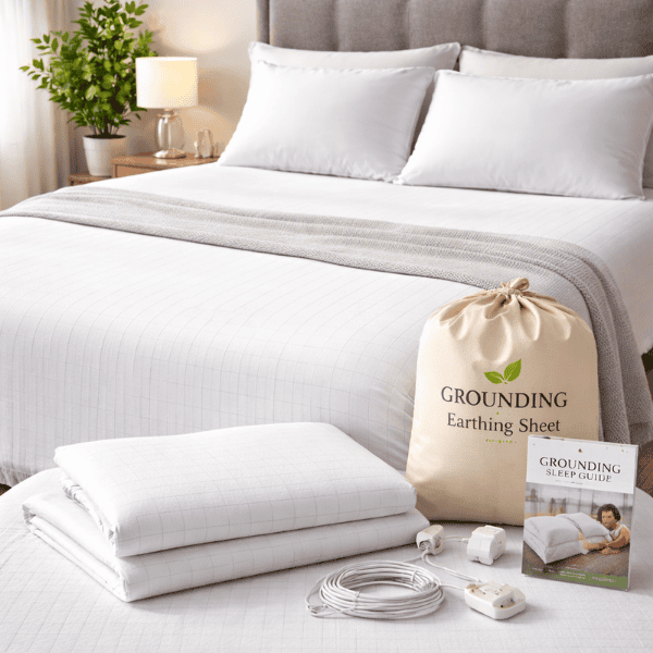 Grounding sheets on a bed with grounding cord and sleep accessories