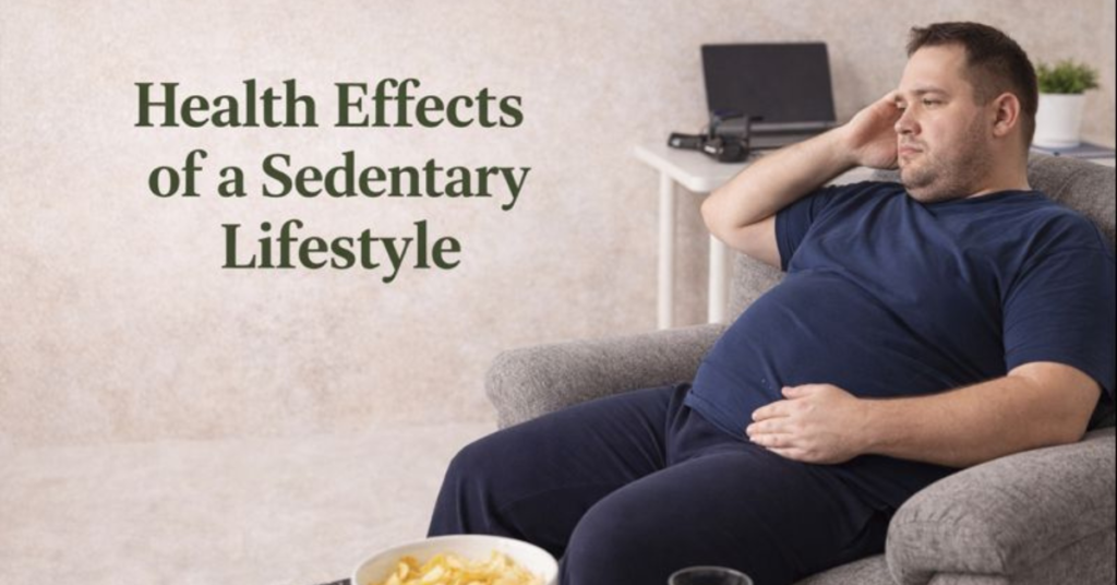 Man sitting on a couch with junk food and electronics representing the health effects of a sedentary lifestyle