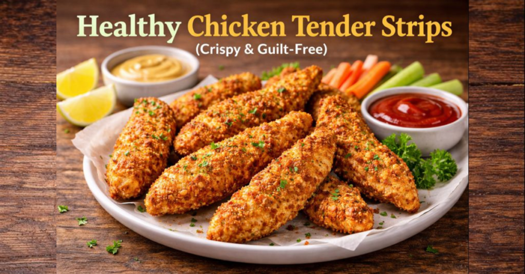 A plate of golden, crispy healthy chicken tender strips coated in almond or coconut flour, garnished with parsley, served with dipping sauces, lemon wedges, and fresh veggie sticks.