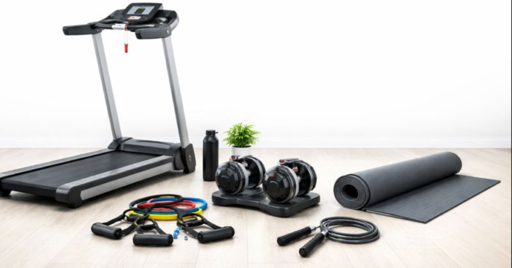 image showing essential home gym equipment: treadmill, adjustable dumbbells, resistance bands, jump rope, and yoga mat on a clean, minimalistic floor with white background.