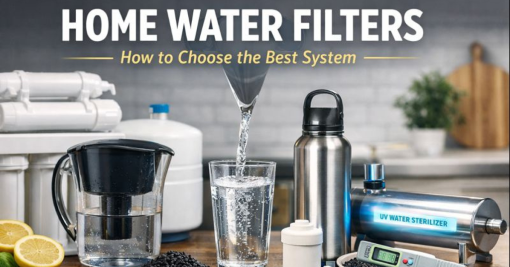 Modern home water filters including reverse osmosis, UV sterilizer, and filtered drinking water in a kitchen setting