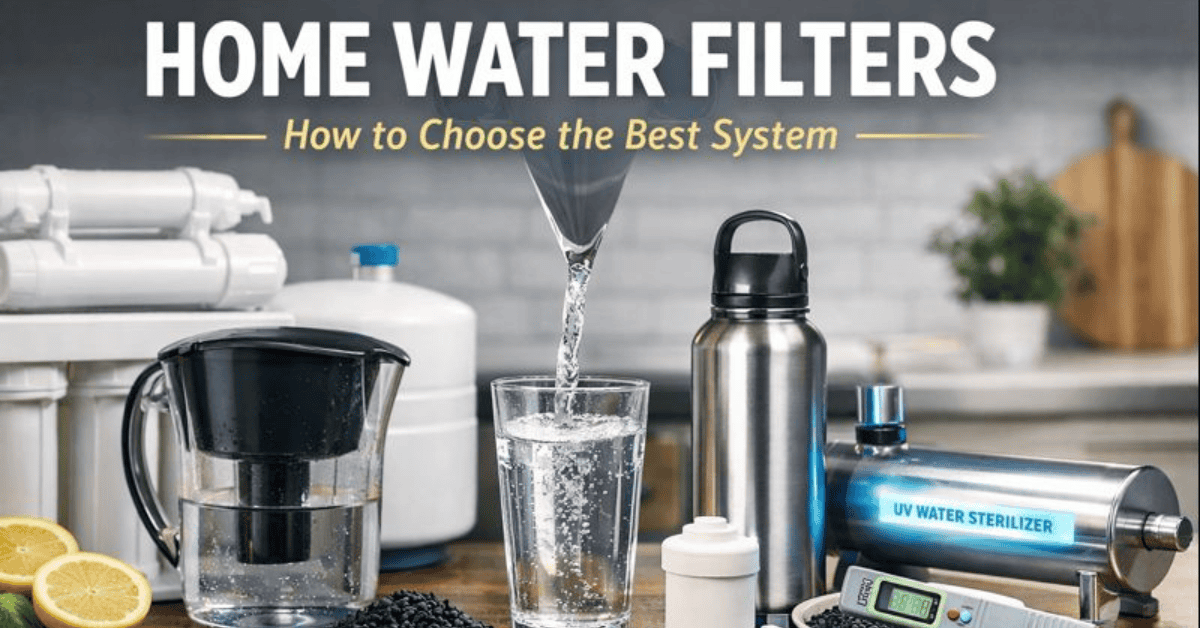 Modern home water filters including reverse osmosis, UV sterilizer, and filtered drinking water in a kitchen setting