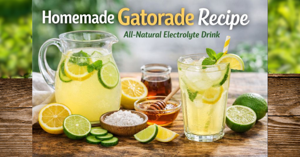 Homemade Gatorade recipe made with lemon, lime, cucumber, honey, and sea salt in a glass pitcher