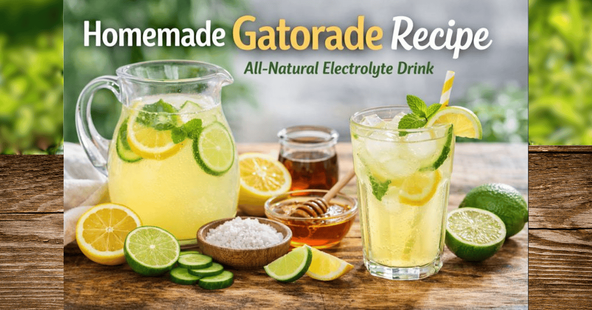 Homemade Gatorade recipe made with lemon, lime, cucumber, honey, and sea salt in a glass pitcher