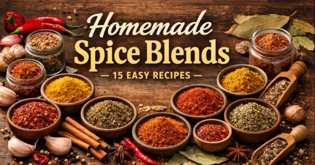 Homemade spice blends in bowls and jars with garlic, cinnamon sticks, and chili peppers on a wooden surface, showcasing 15 easy DIY recipes