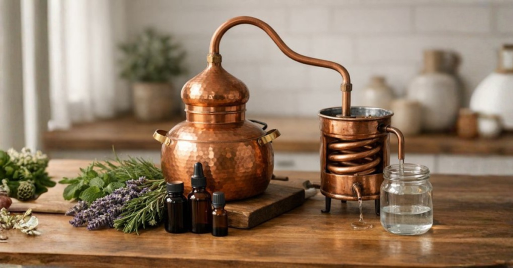 How to make essential oils at home using a small copper distillation still with lavender and rosemary herbs, hydrosol jar, and dark glass bottles.
