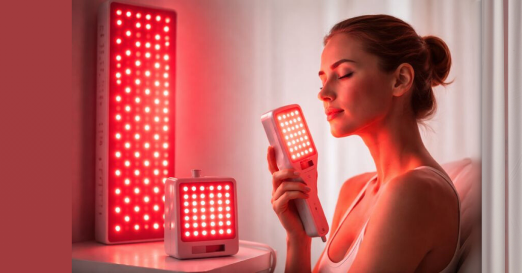 Woman using red light therapy device at home to support light therapy benefits for wellness