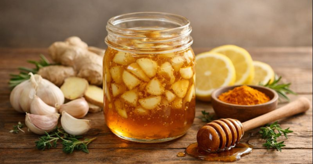 Natural Antibiotics Recipe Natural antibiotics recipe image featuring a jar of fresh garlic, ginger, turmeric, lemon, and herbs on a wooden table.