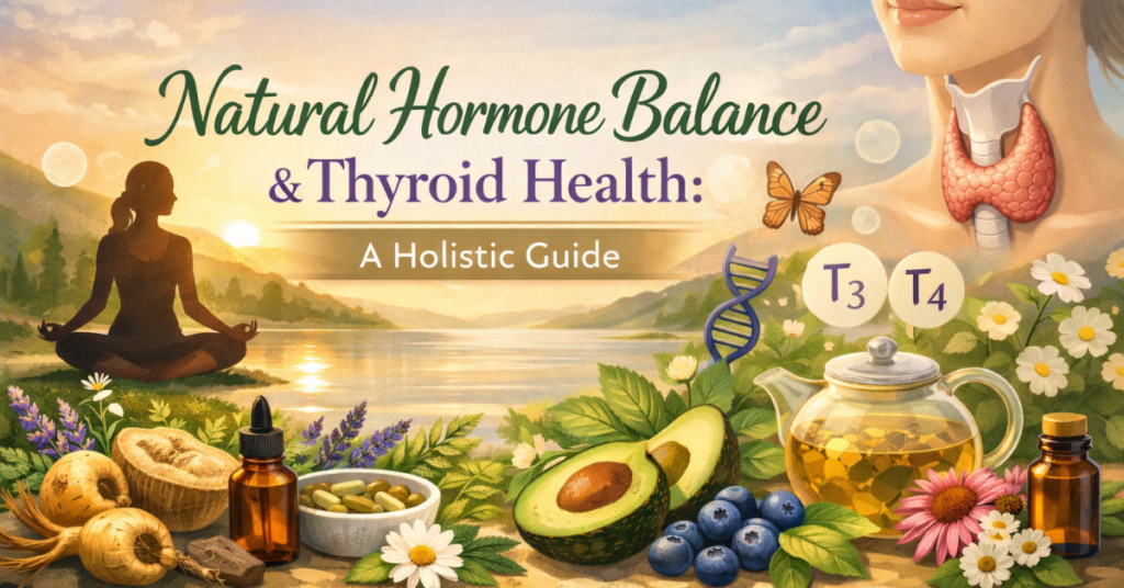 Healthy foods, essential oils, and hormone balance icons surrounding a woman’s thyroid area representing natural hormone balance and thyroid health support.