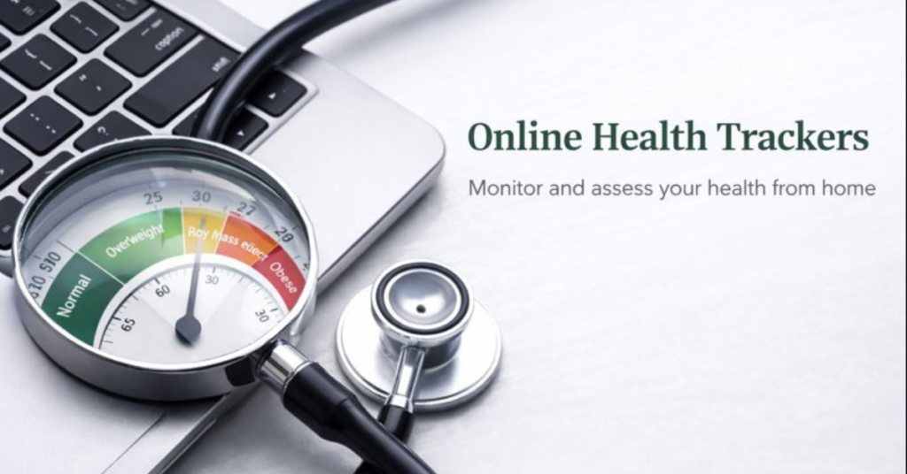 Online Health Trackers Online health trackers showing BMI scale, laptop, and stethoscope for monitoring health at home