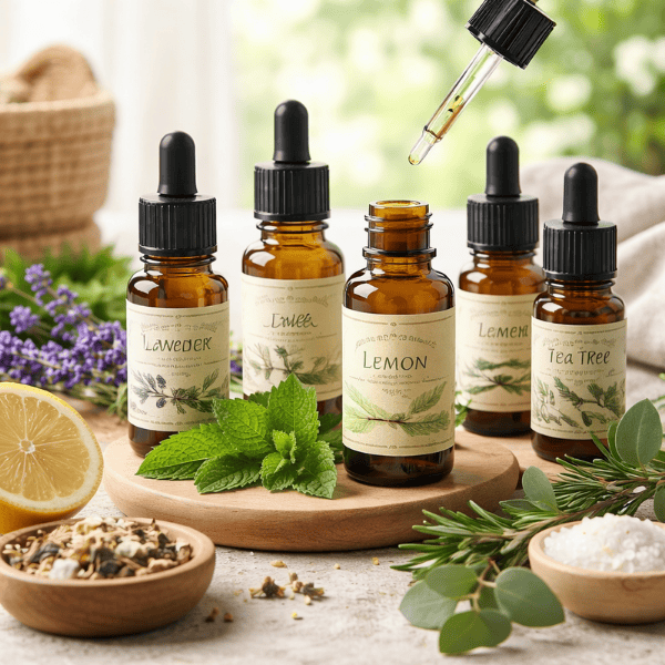 Organic essential oils bottles for holistic wellness use