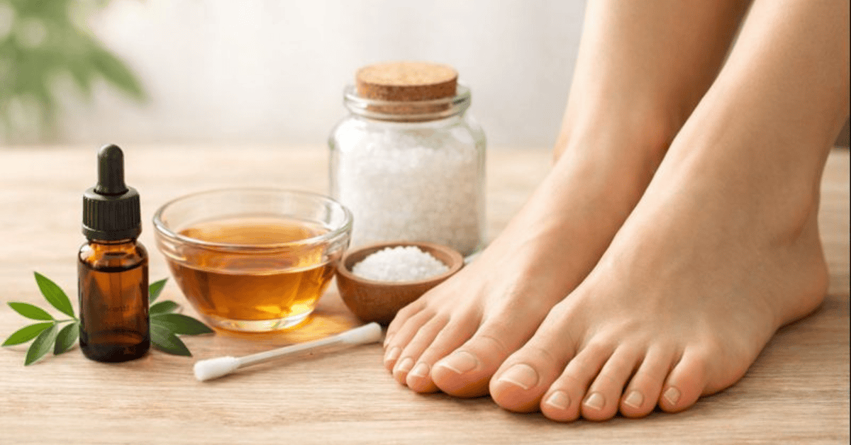 Toenail fungus treatments with natural remedies including tea tree oil, apple cider vinegar, Epsom salt, and a cotton swab arranged next to healthy feet on a wooden surface