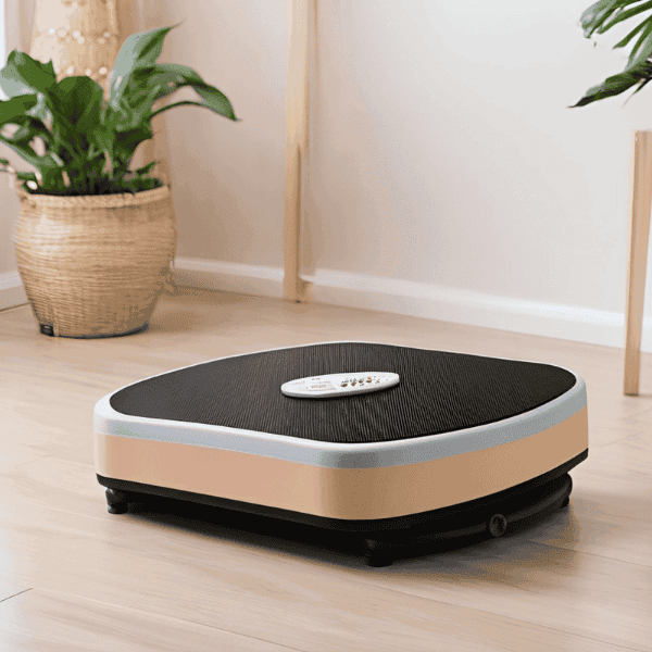 Vibration Plate Exercise Machine on a wood floor with a planter in the background