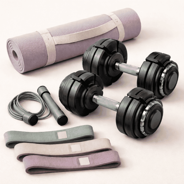 Wellness workout set with jump rope, resistance bands, adjustable dumbbells, and yoga mat