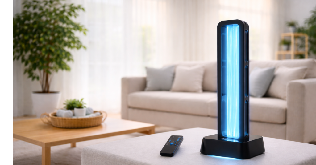 39W UV light sanitizer lamp with remote control in modern living room setting