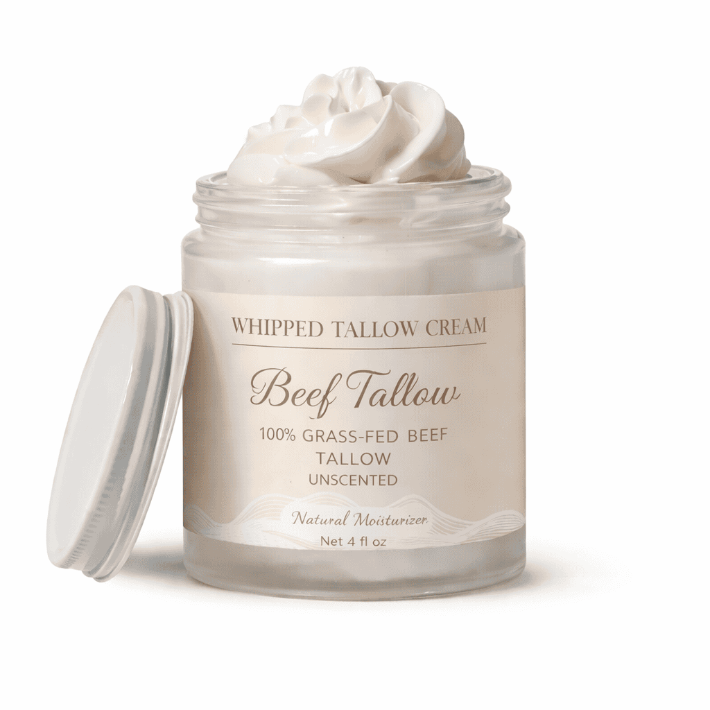 Beef tallow whipped moisturizer in glass jar