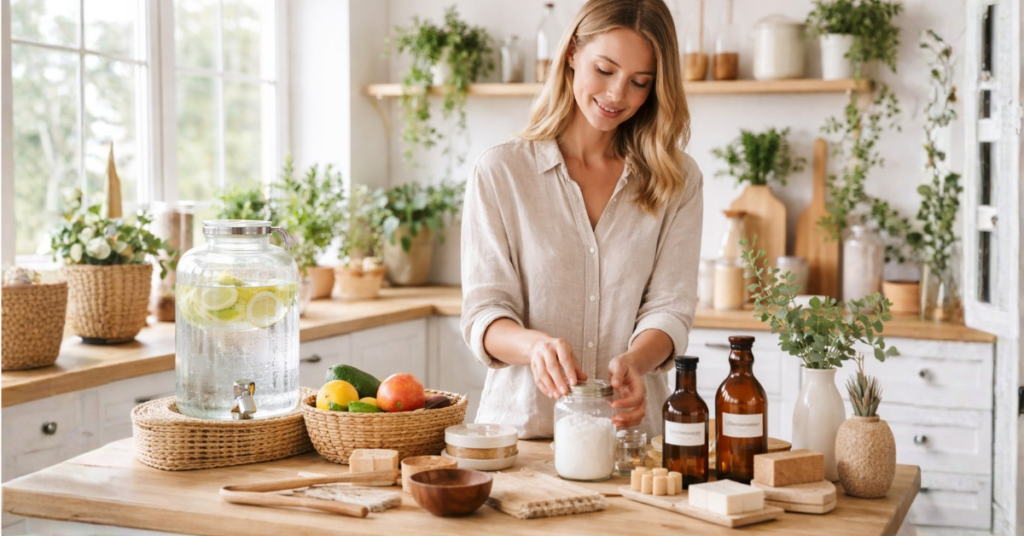 Clen living lifestyle for health and wellness. Woman arranging natural home products for a clean living lifestyle