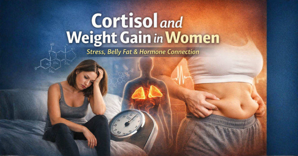 Woman holding belly fat beside scale, representing cortisol and weight gain in women caused by chronic stress
