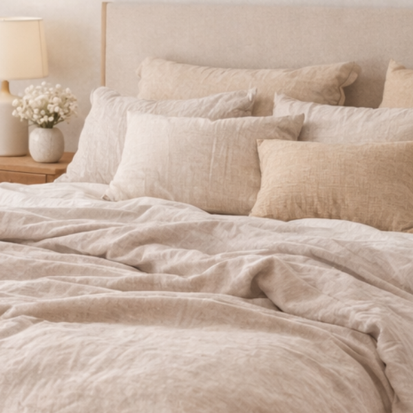 Neutral elegant linen bedding with layered beige pillows in a minimalist bedroom setting