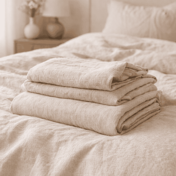 Folded organic linen sheets stacked on a bed with soft neutral beige bedding in a calm minimalist bedroom