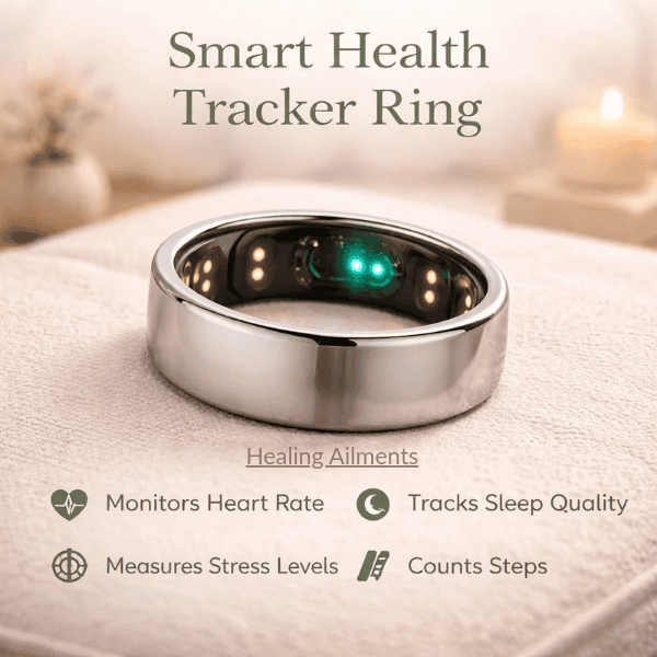 Smart health tracker ring that monitors heart rate, sleep, stress levels, and daily steps
