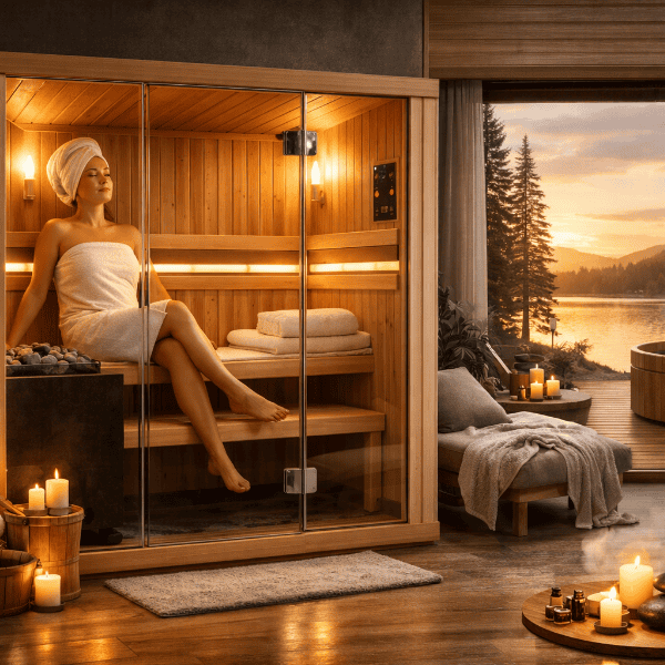 Luxury home sauna with outdoor view