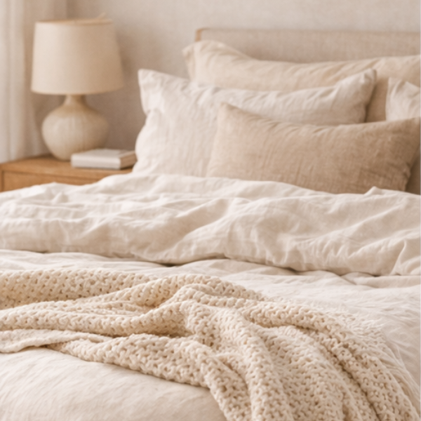 Luxury linen bedding in warm beige tones styled with layered pillows and a soft textured knit throw