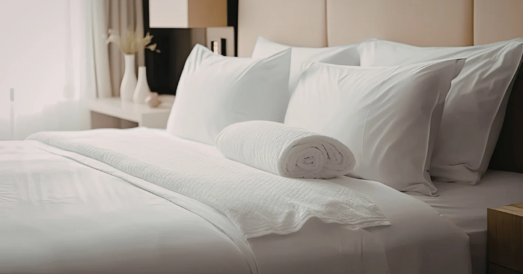 Luxury linen sheets in a soft neutral beige bedroom with breathable natural linen bedding and relaxed elegant styling