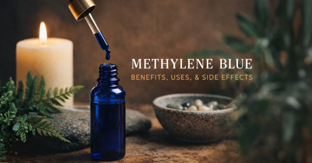 Methylene blue dropper bottle with candle representing wellness research