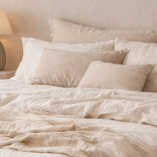 Warm beige natural linen bedding styled with layered pillows and soft natural textures